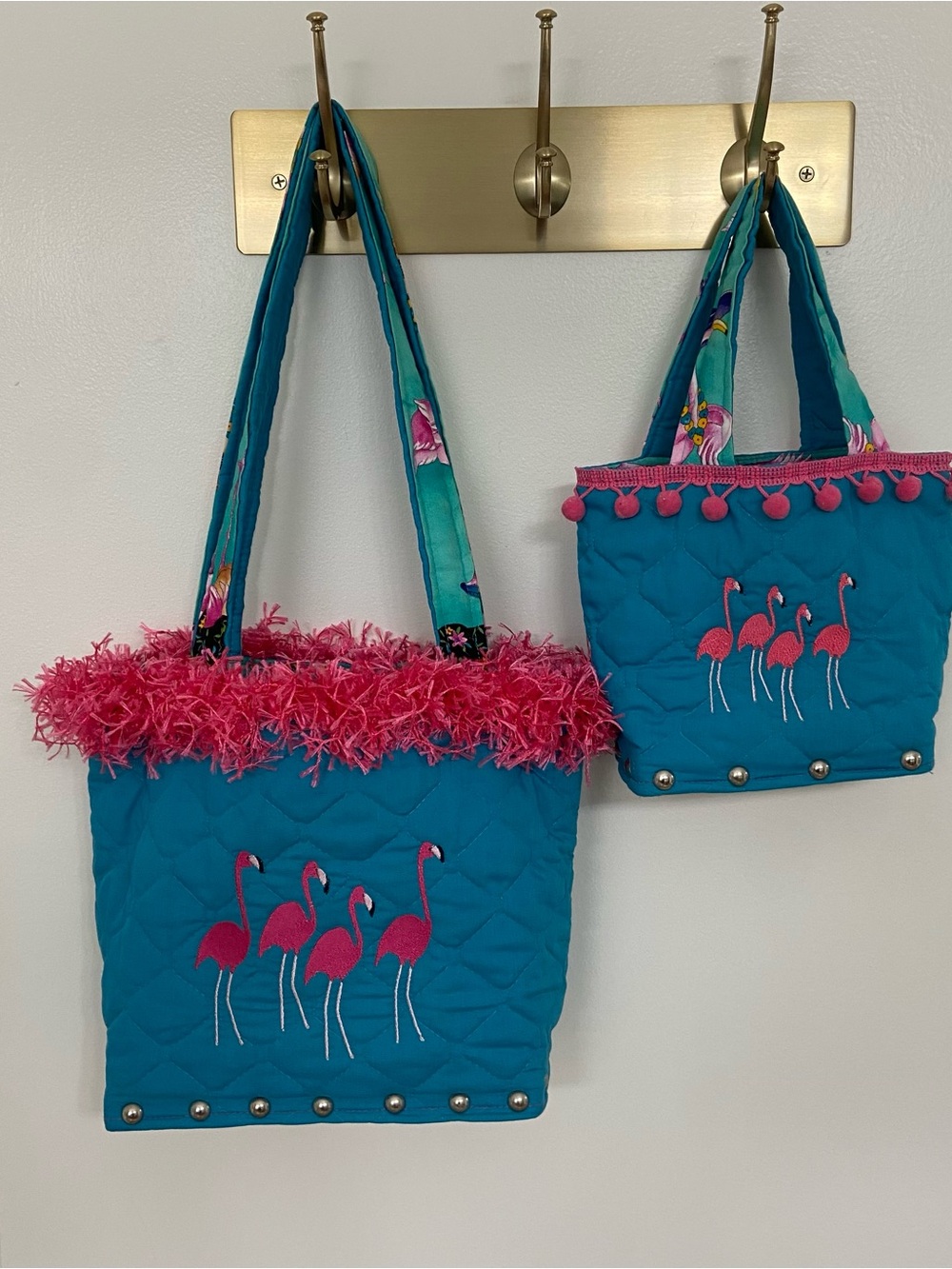 Turquoise Quilted Mother Daughter Totes with Pink Flamingo Embroidery